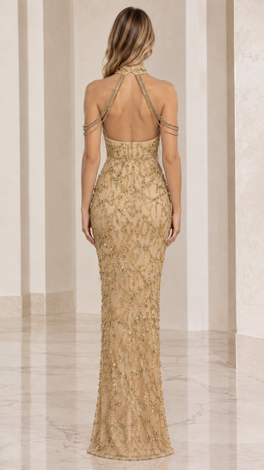 Champagne Gold beaded evening gown back view showing open keyhole back