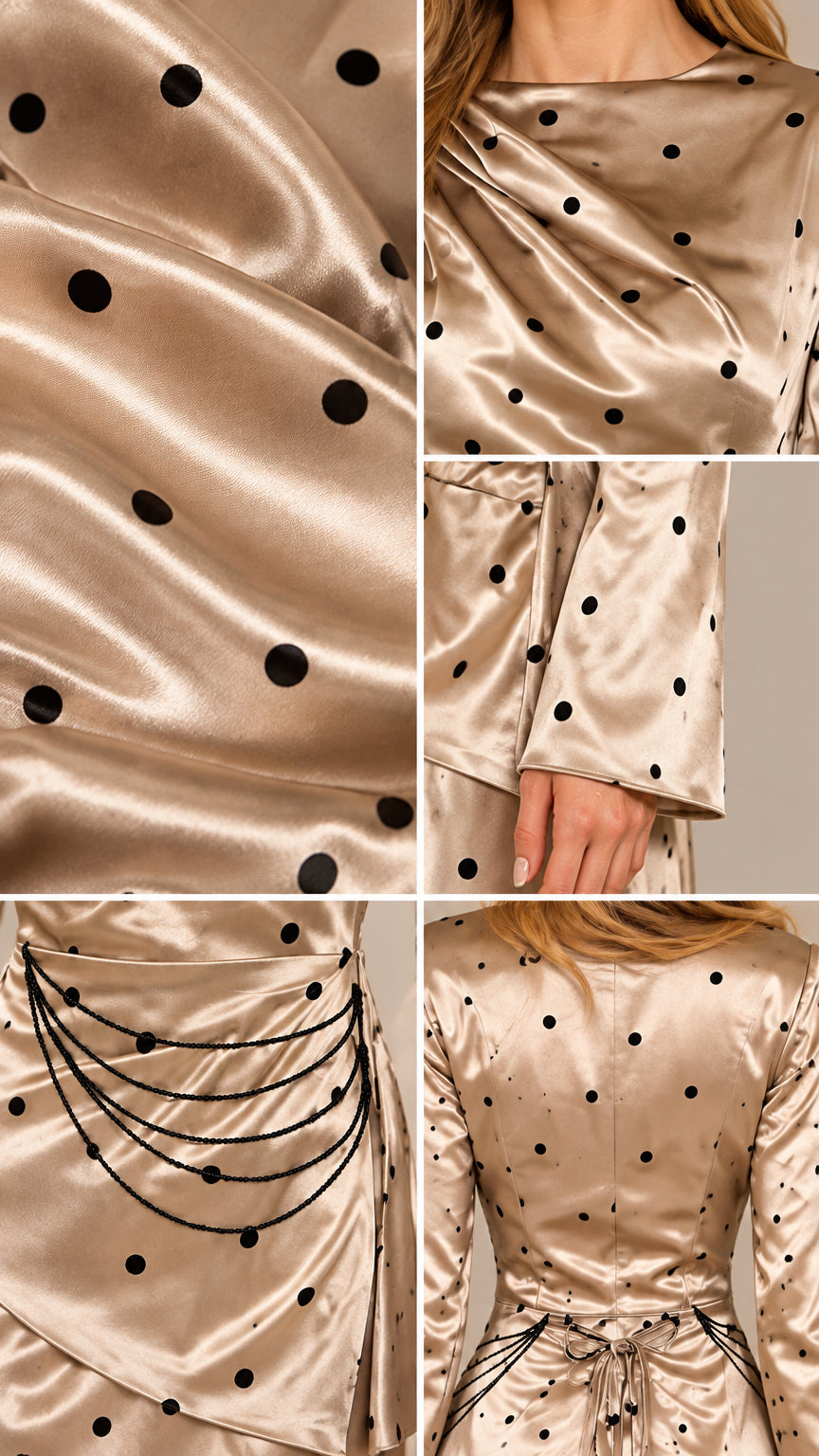Close-up details of draped cowl neck, cuffs, and chain waist embellishment on champagne satin dress
