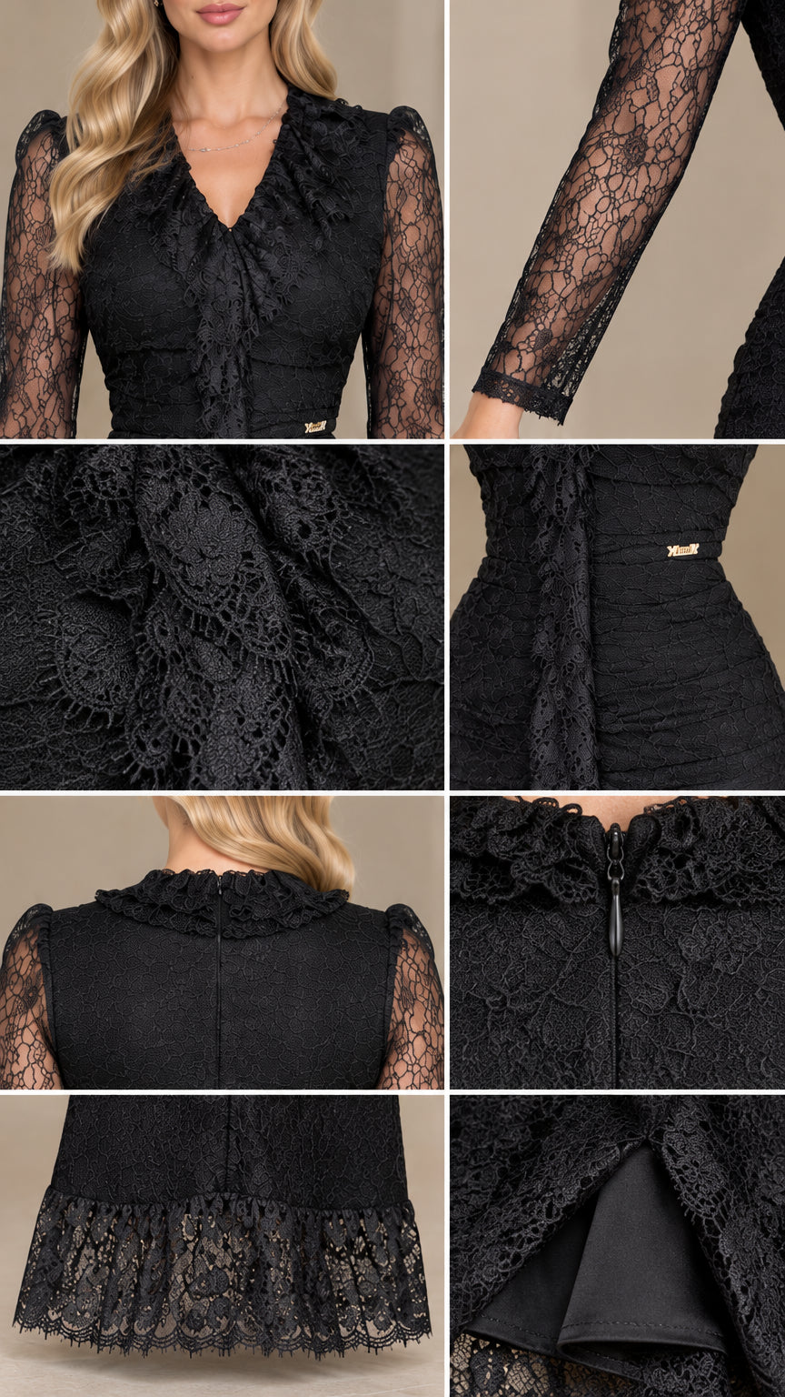 Detailed close-up collage of lace neckline, sleeves, ruffle trim, and zipper closure