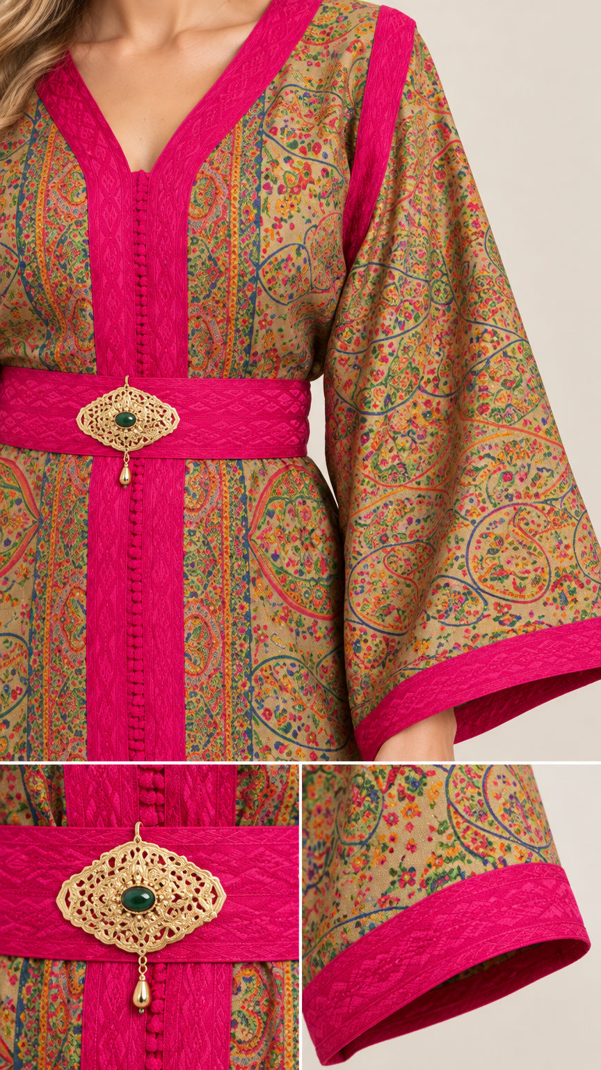 Close-up detail of V-neckline, fabric texture, and ornate buckle belt on kaftan dress