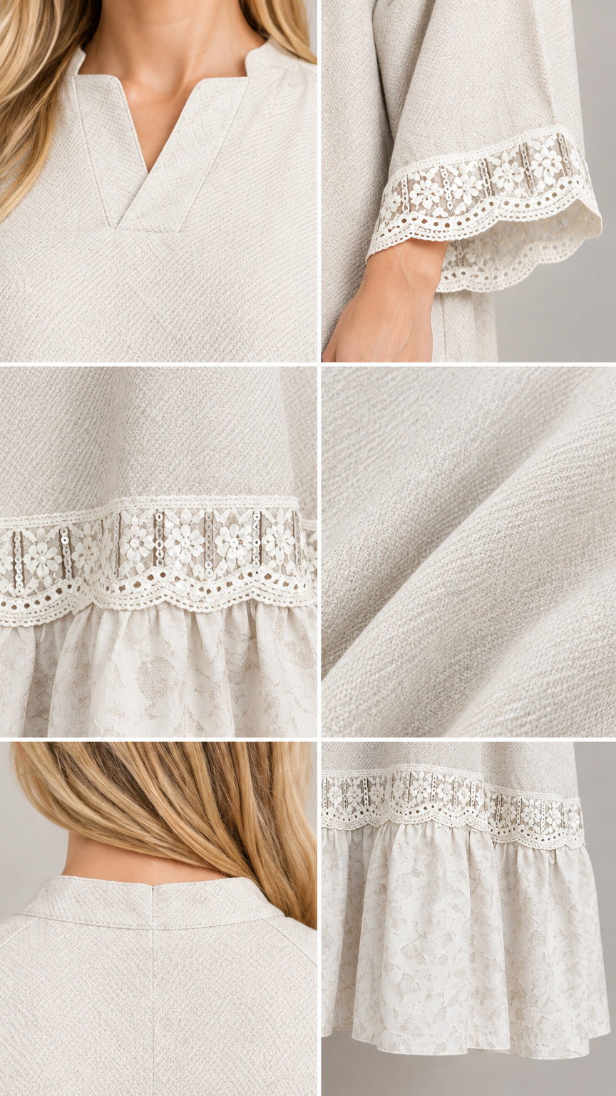 Close-up details of neckline, lace-trimmed sleeve cuffs, tiered lace insert, and textured fabric
