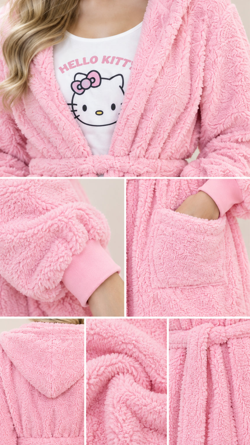 Detailed close-up collage of hooded collar, patch pocket, ribbed cuff, and plush fleece fabric texture