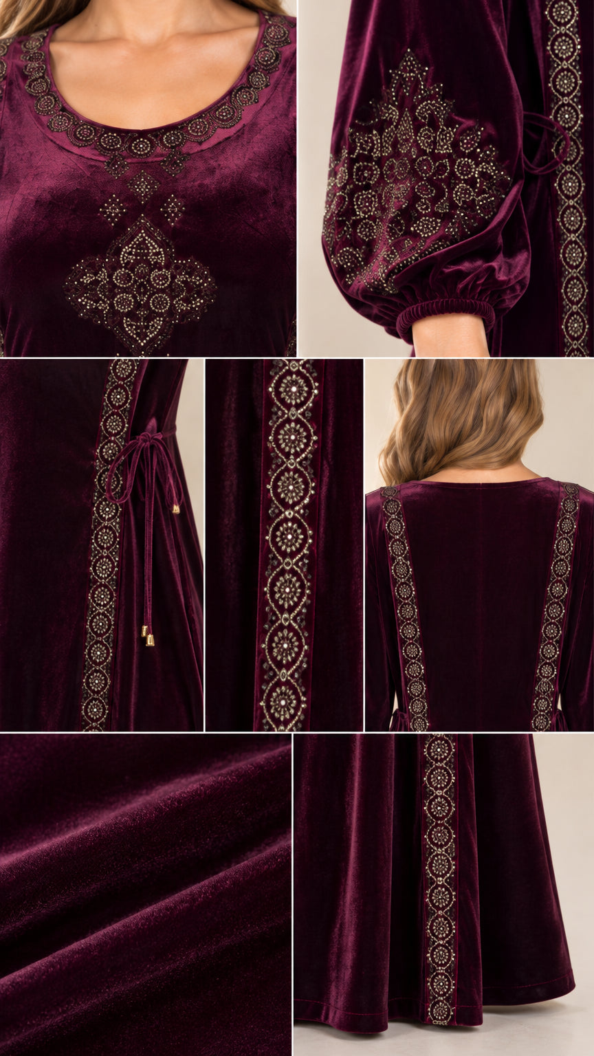 Close-up details of embroidery, neckline, and side ties on velvet dress