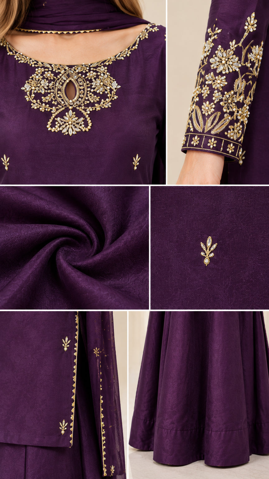 Close-up detail collage of golden neckline embroidery, cuff details, and fabric texture