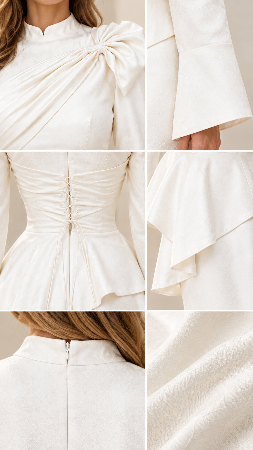 Close-up details of draped shoulder neckline, peplum waist, and fabric texture