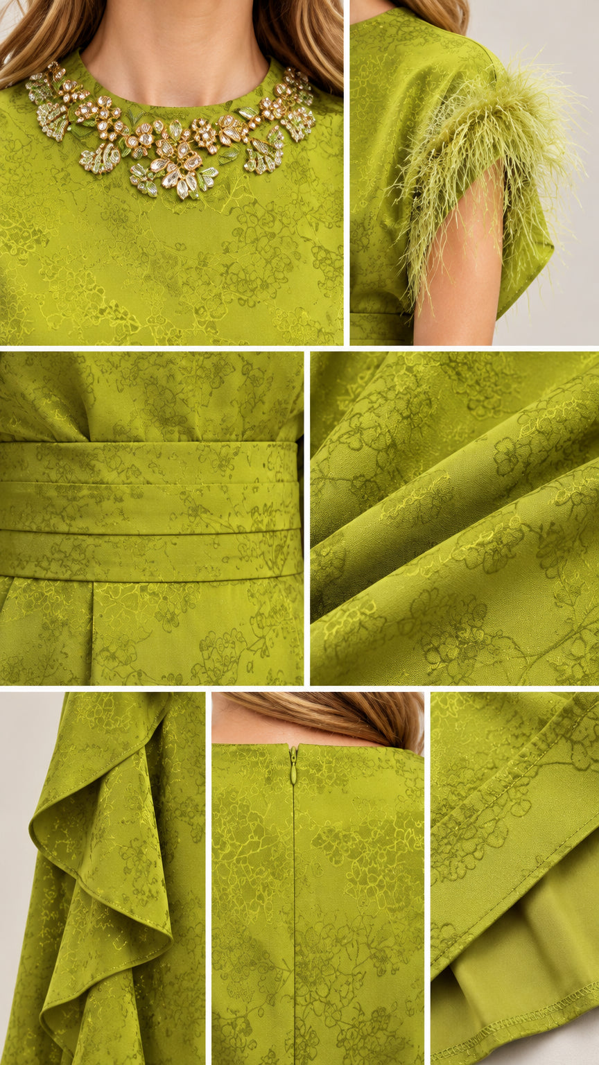 Close-up details of jeweled neckline, feather sleeve trim, jacquard texture, and side ruffles