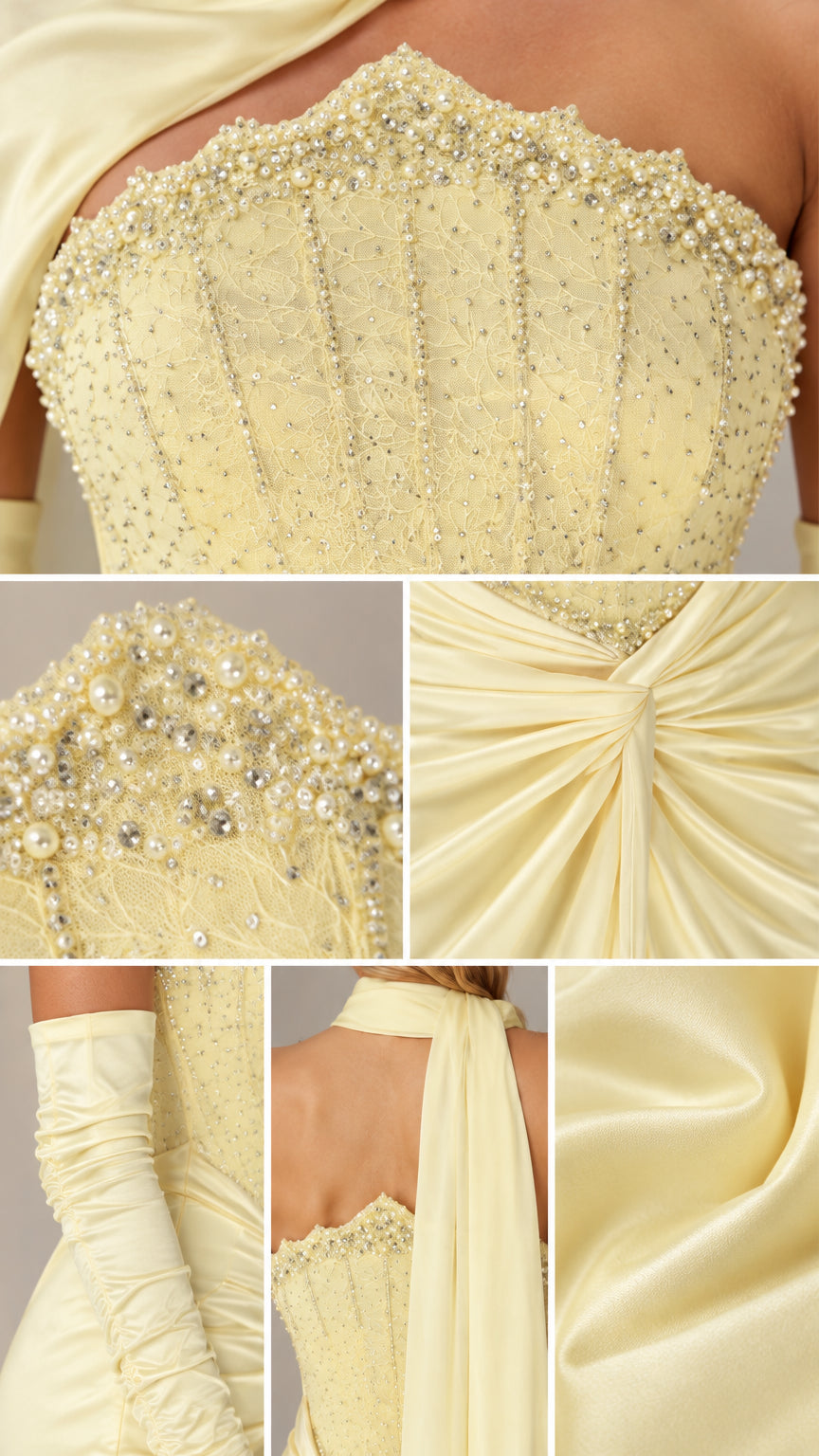 Detailed close-up of intricate beading, corset stitching, and gathered fabric