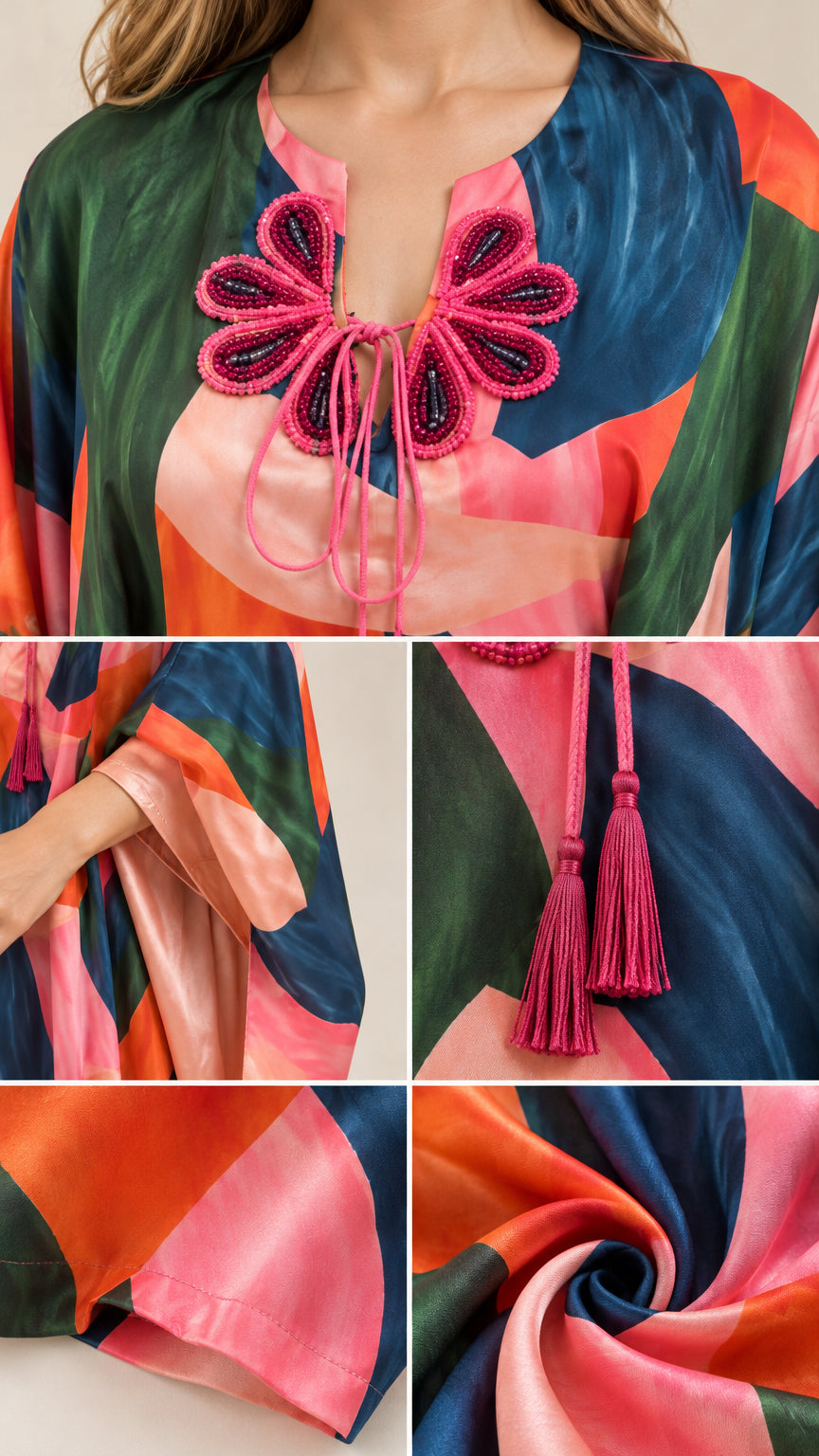 Close-up details of the beaded floral tassel neckline, sleeve opening, and silky fabric texture