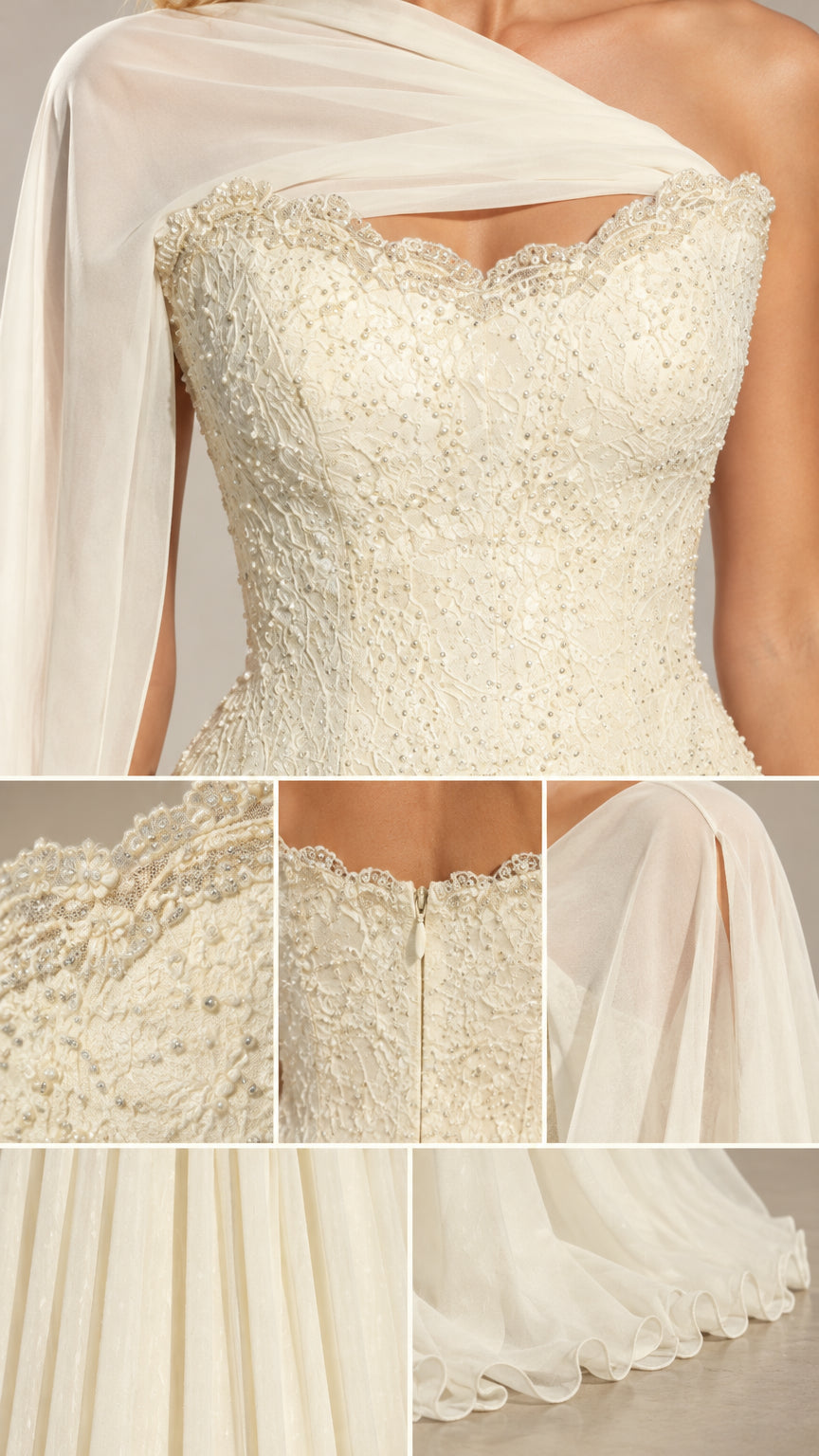 Close-up details of beaded lace bodice and finely pleated chiffon fabric
