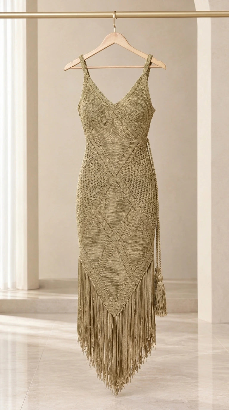Olive green crochet knit dress with long tassel fringe hanging on wooden hanger