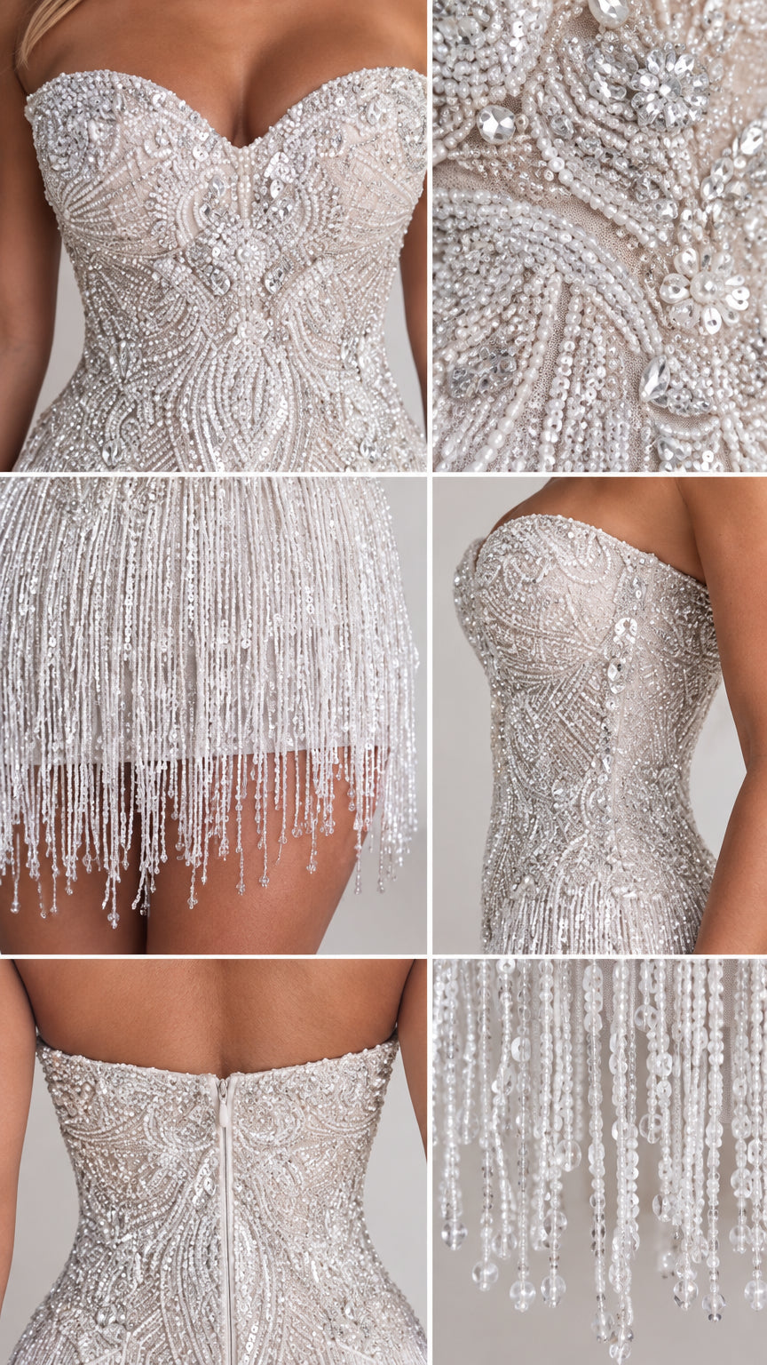 Close-up details of intricate beading, sweetheart neckline, and beaded fringe hem