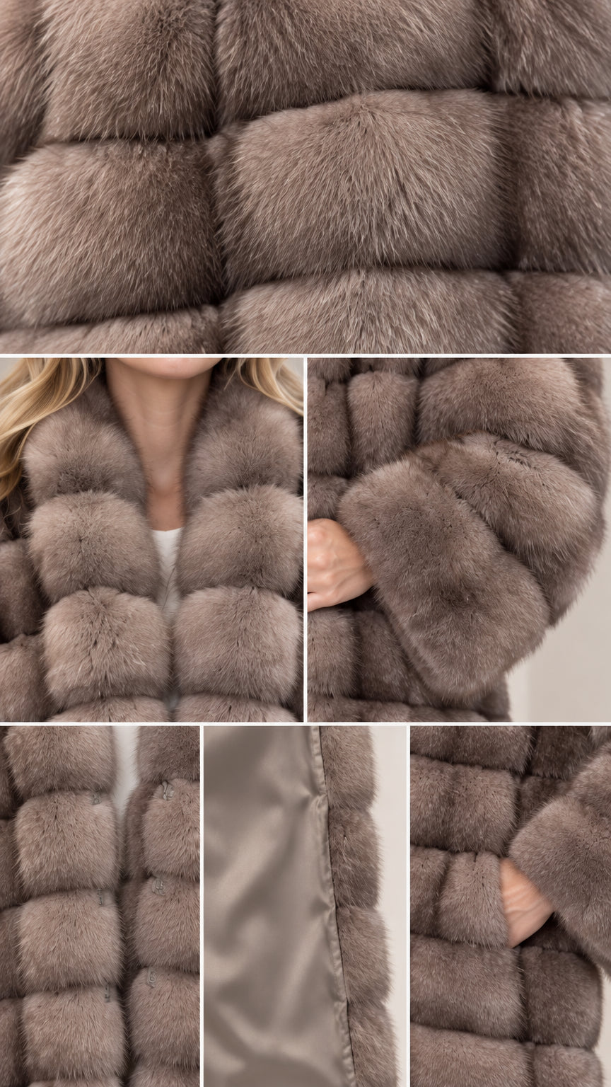 Close-up details of faux fur texture, collar, lining, and pocket construction