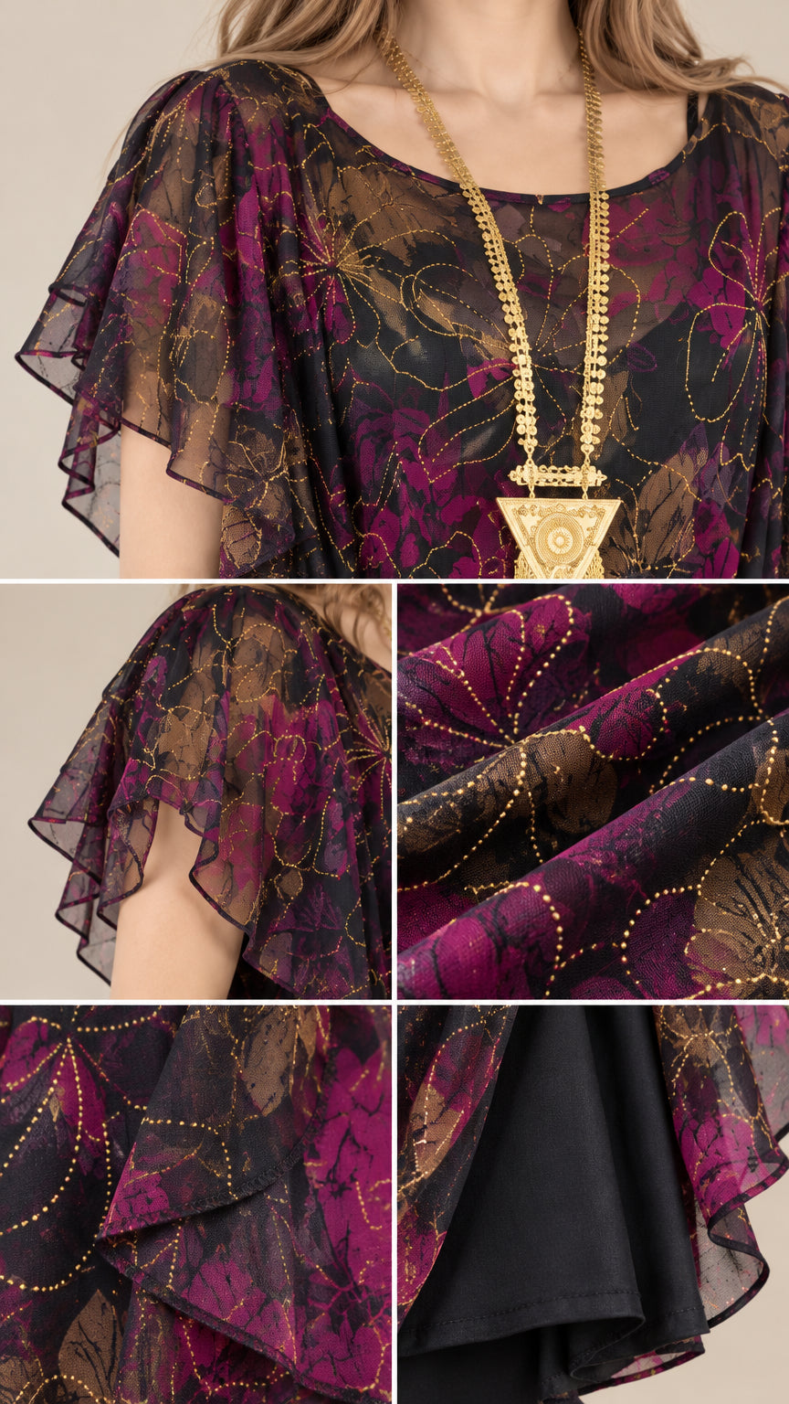 Close-up details of floral chiffon fabric, flutter sleeve, and hem construction