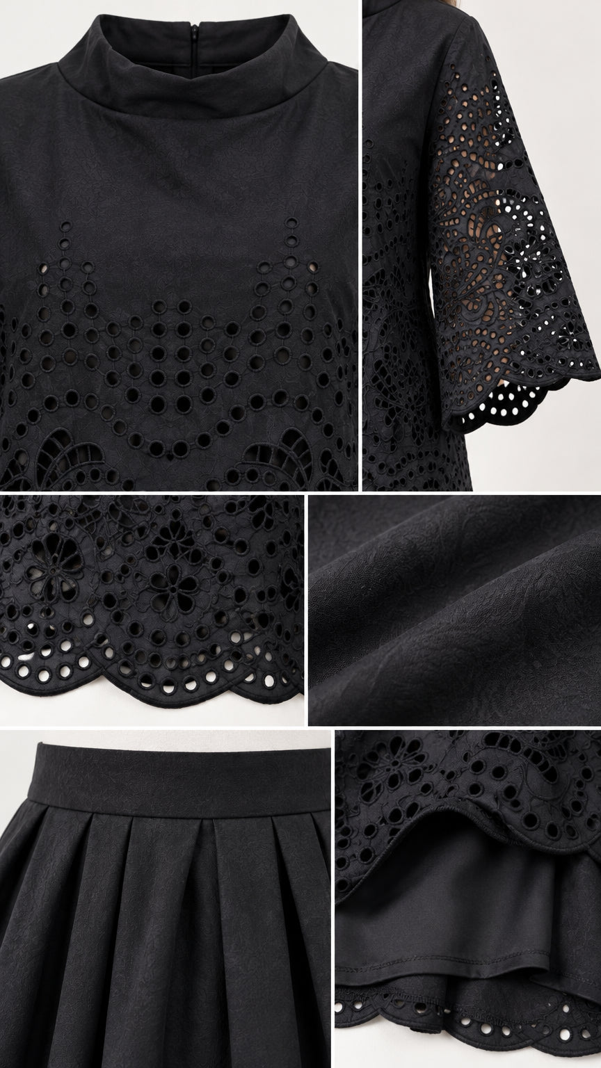 Close-up details of black eyelet cutwork embroidery, mock neck collar, pleated waist, and fabric texture