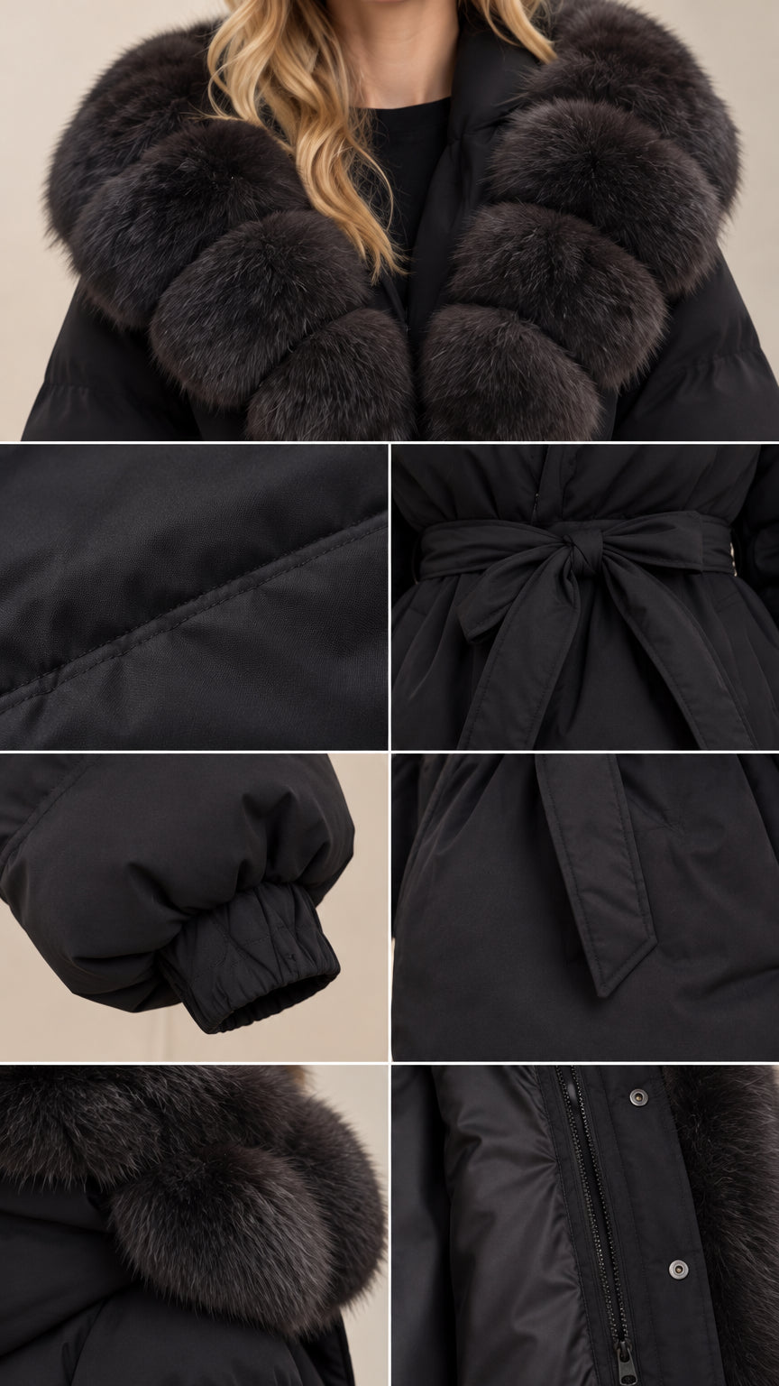 Close-up details of black puffer coat showing fur collar, zipper, belt, and cuff