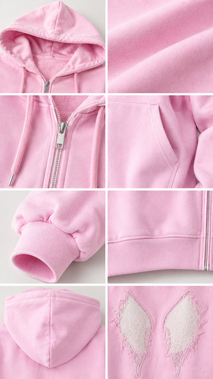Close-up detail collage showing hoodie zipper, pockets, cuffs, and soft fabric texture