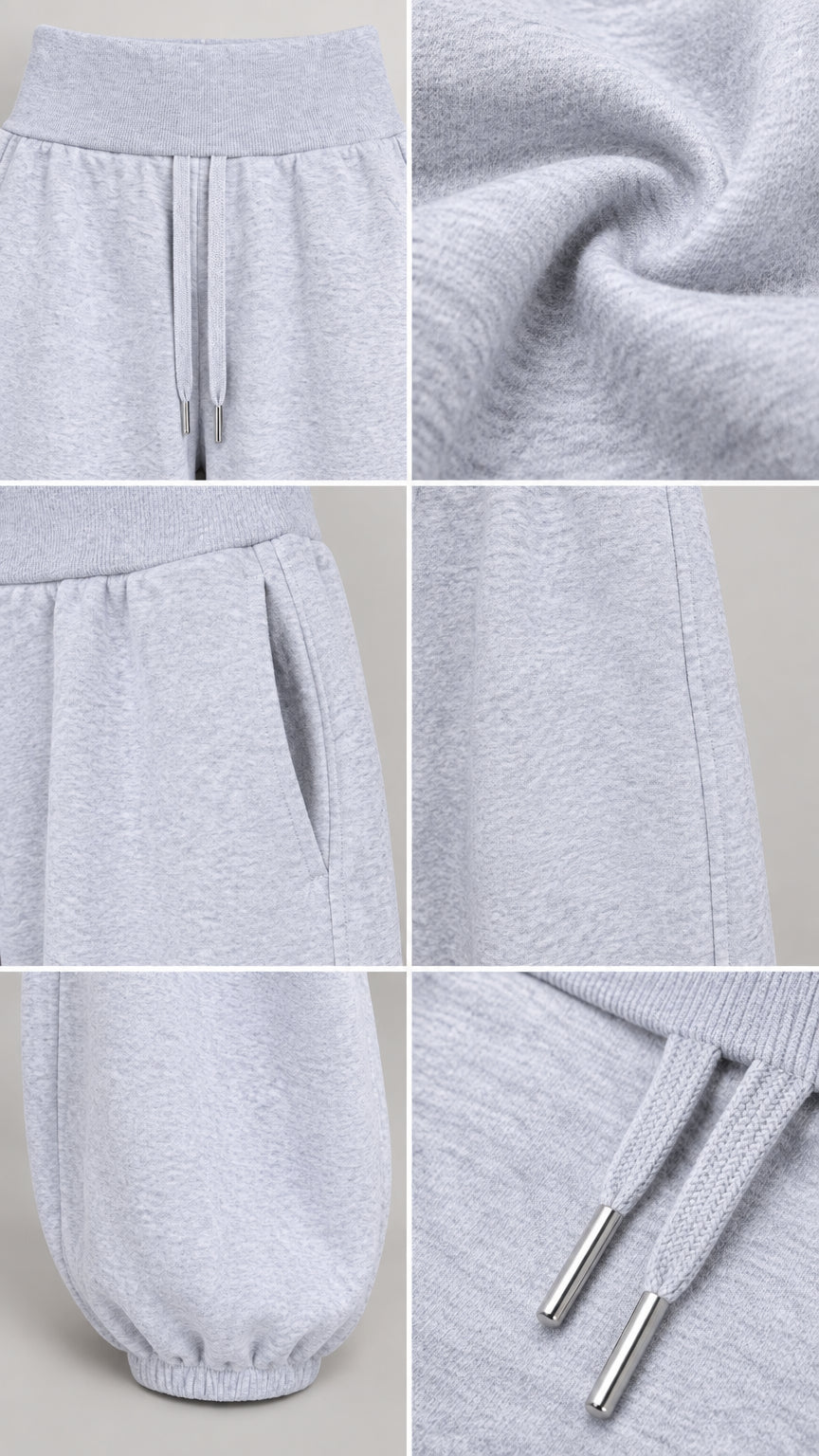 Fabric and design detail shots showing drawstring waistband, pocket, fleece texture, and cuffed hem