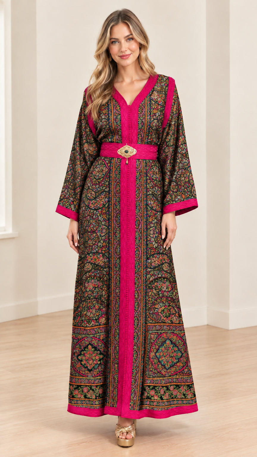 Black paisley print belted maxi kaftan dress with magenta contrast trim