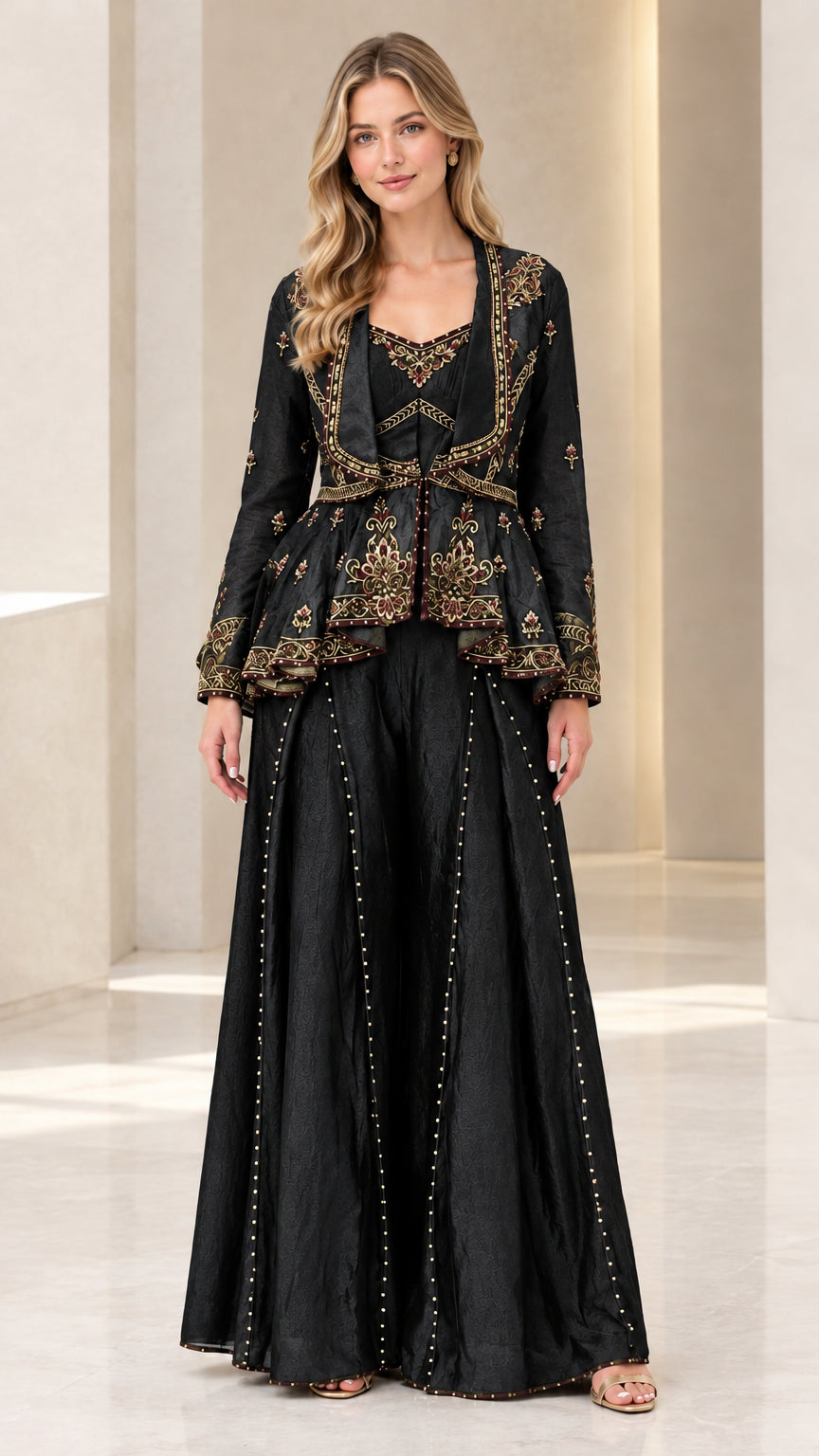 Front full-length view of woman wearing black embroidered peplum pant set