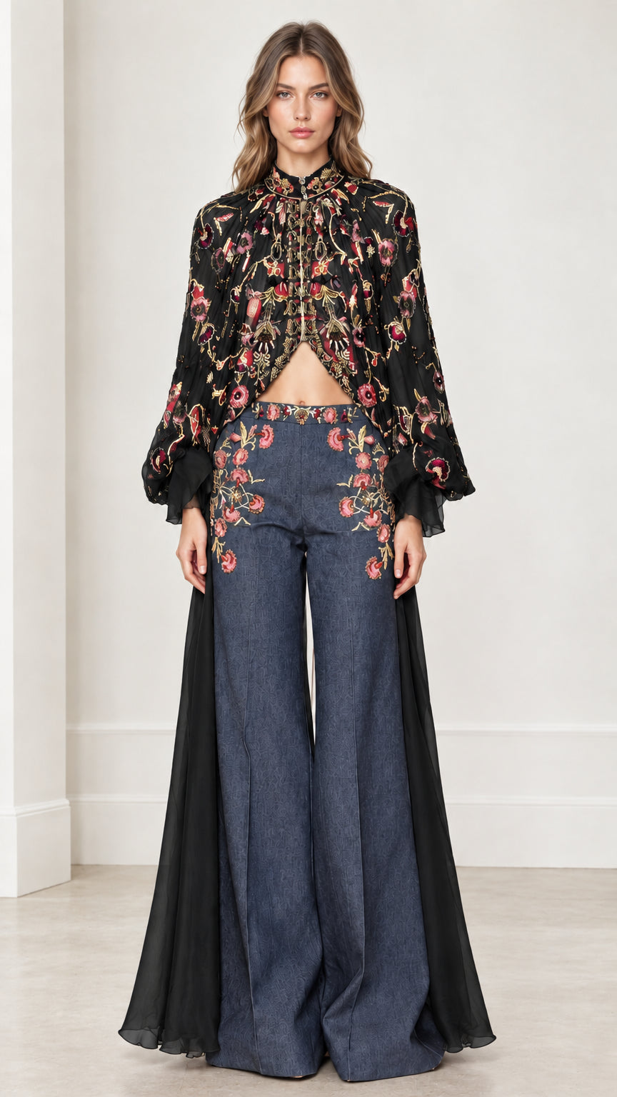 Front view of black floral embroidered high-neck cape paired with flare pants