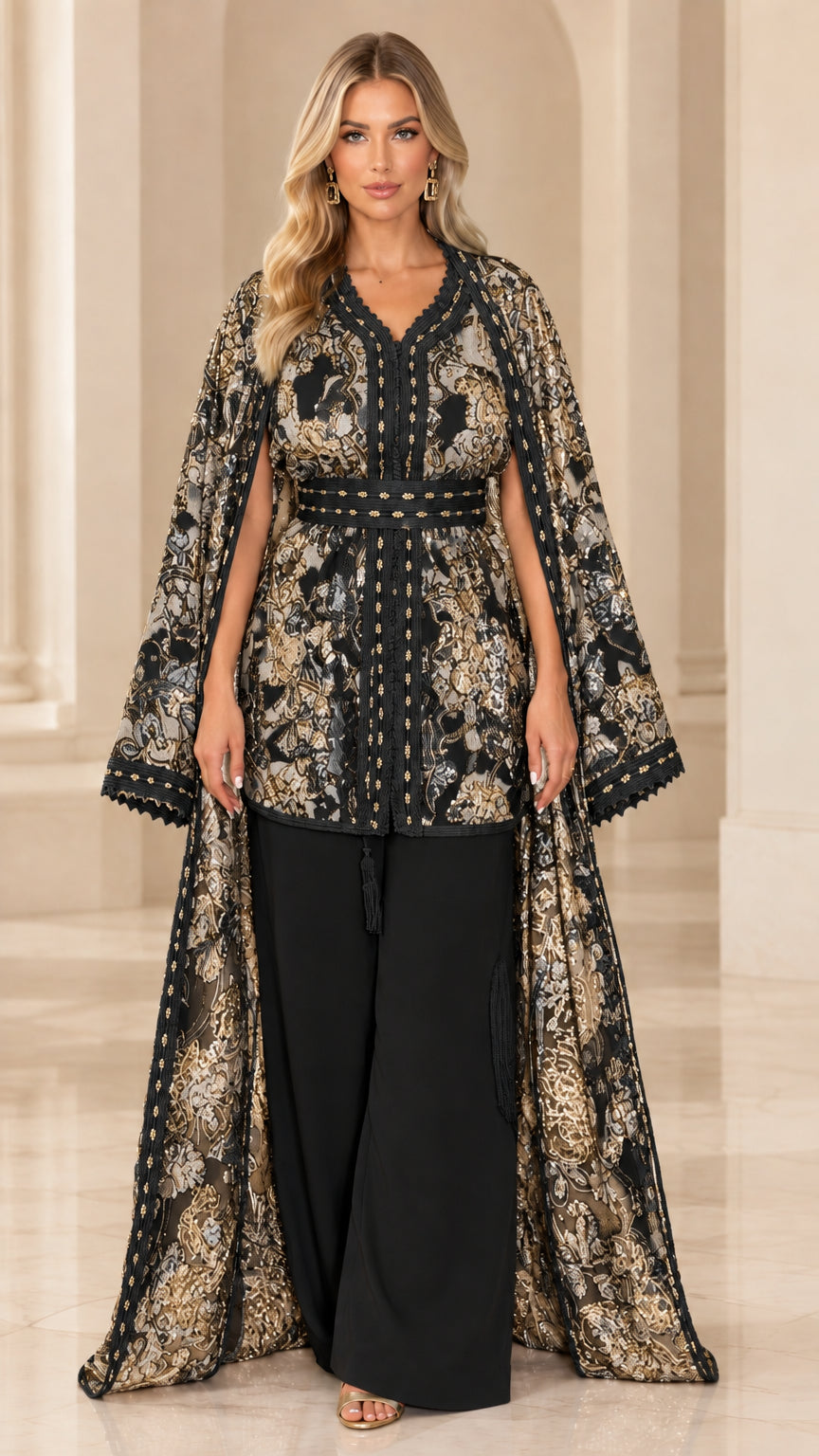 Full-length front view of model wearing Black and gold jacquard cape and pant set