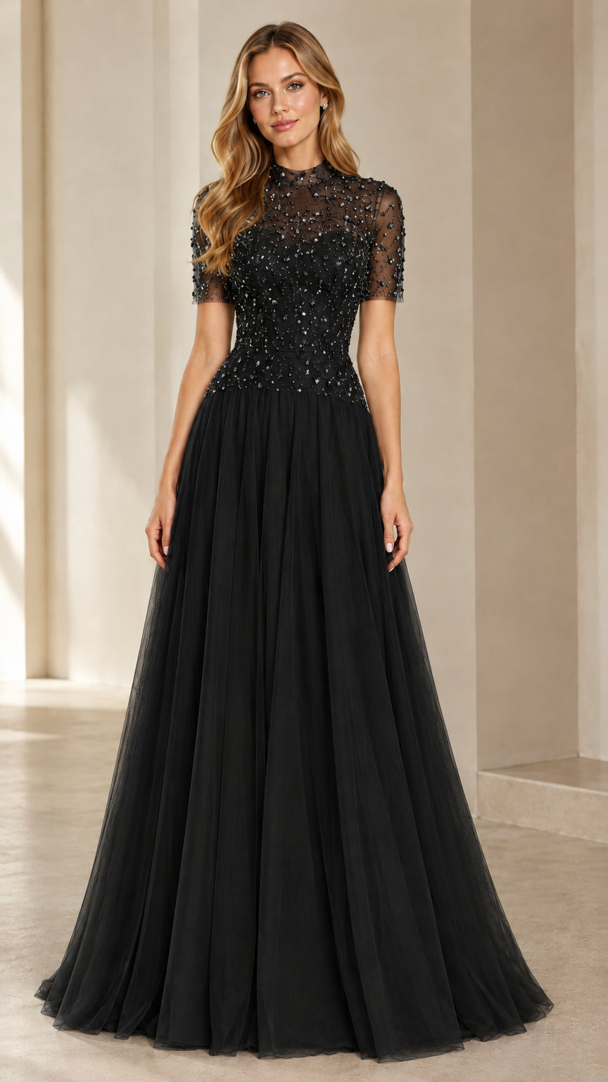Black high neck beaded tulle A-line evening dress