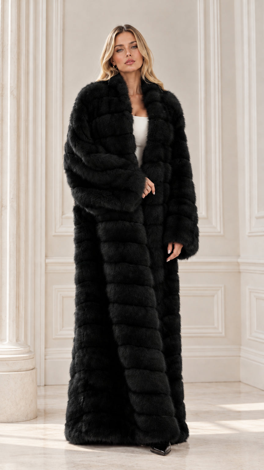 Full-length black plush faux fur maxi coat on model