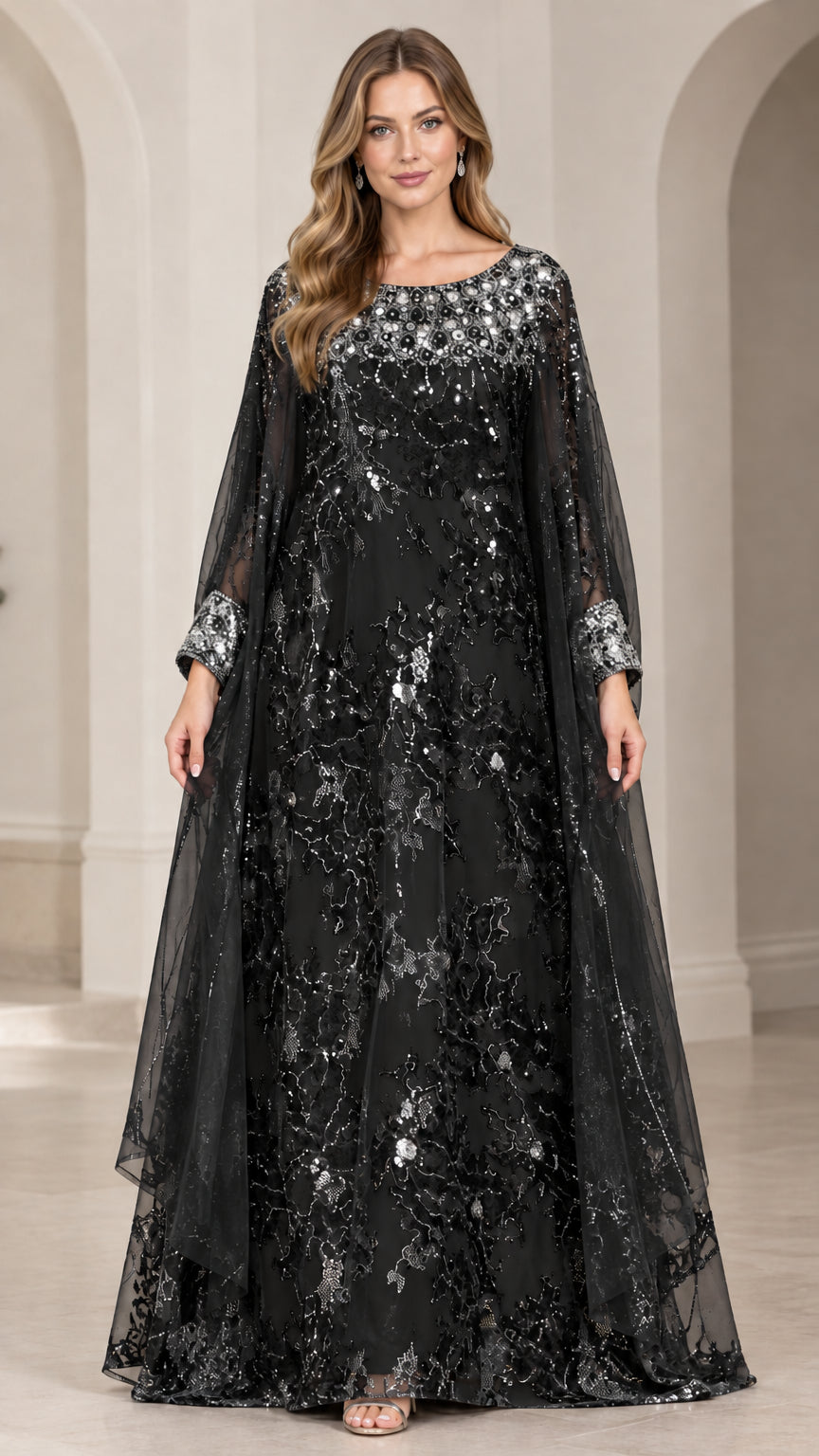 Front view of black sequin cape sleeve maxi evening gown