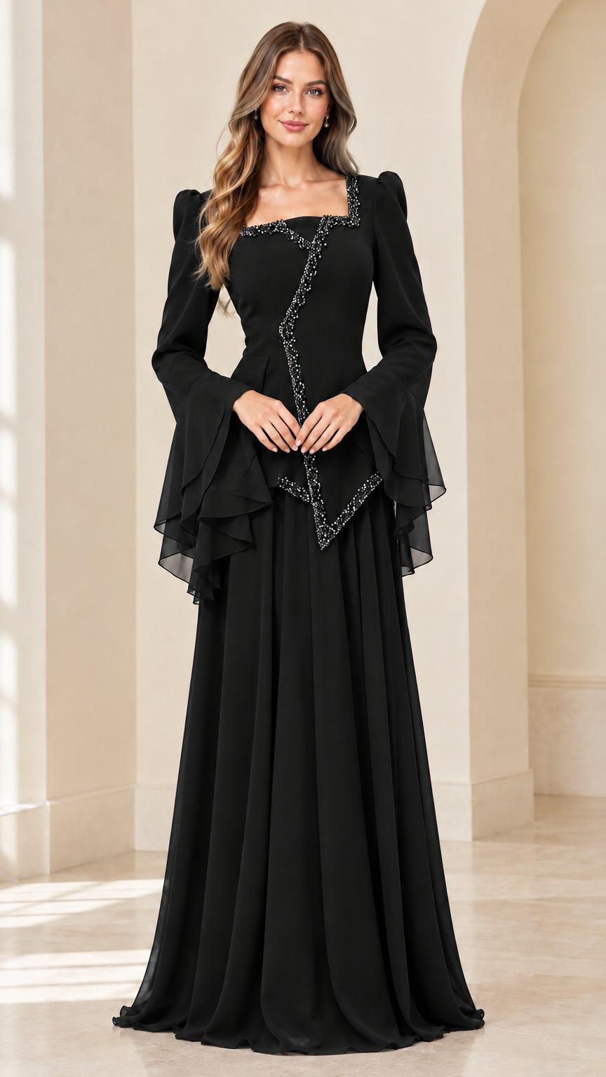 Black square neck beaded chiffon formal gown with flared tiered sleeves