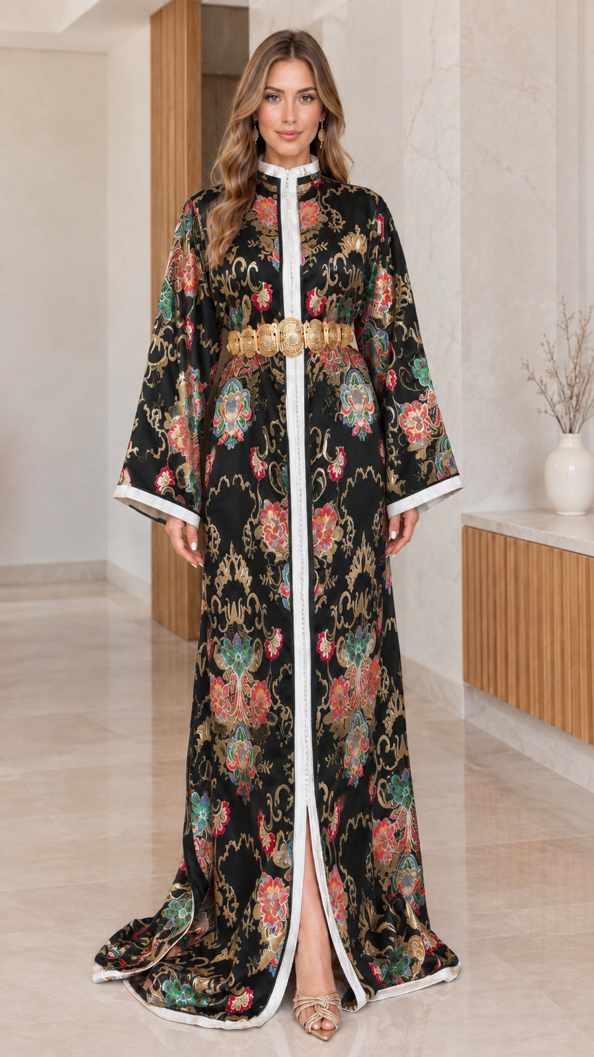 Black floral brocade kaftan maxi dress with gold belt