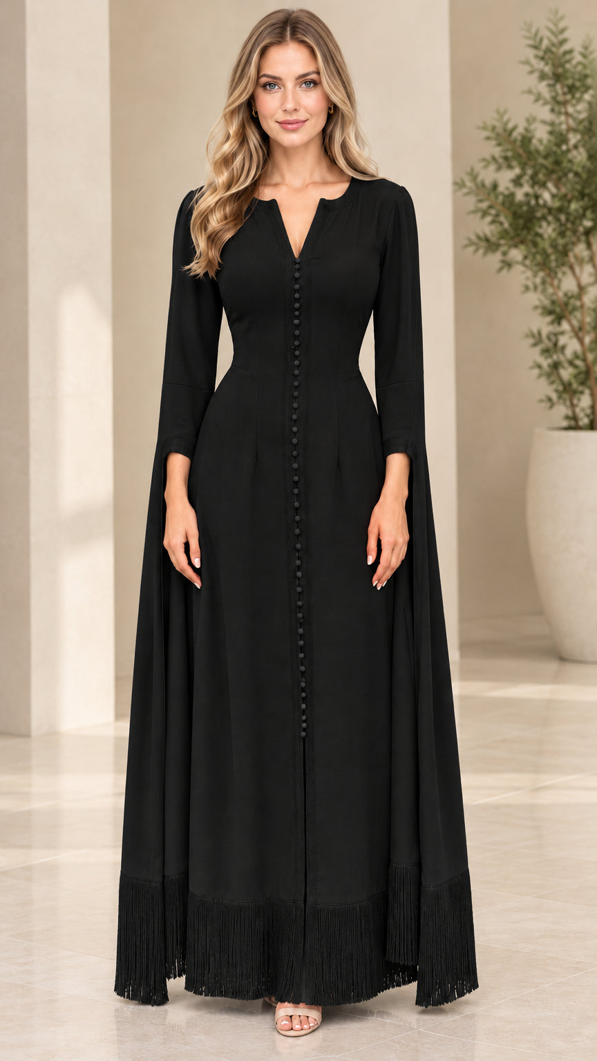 Black button front split sleeve maxi dress with fringe hem