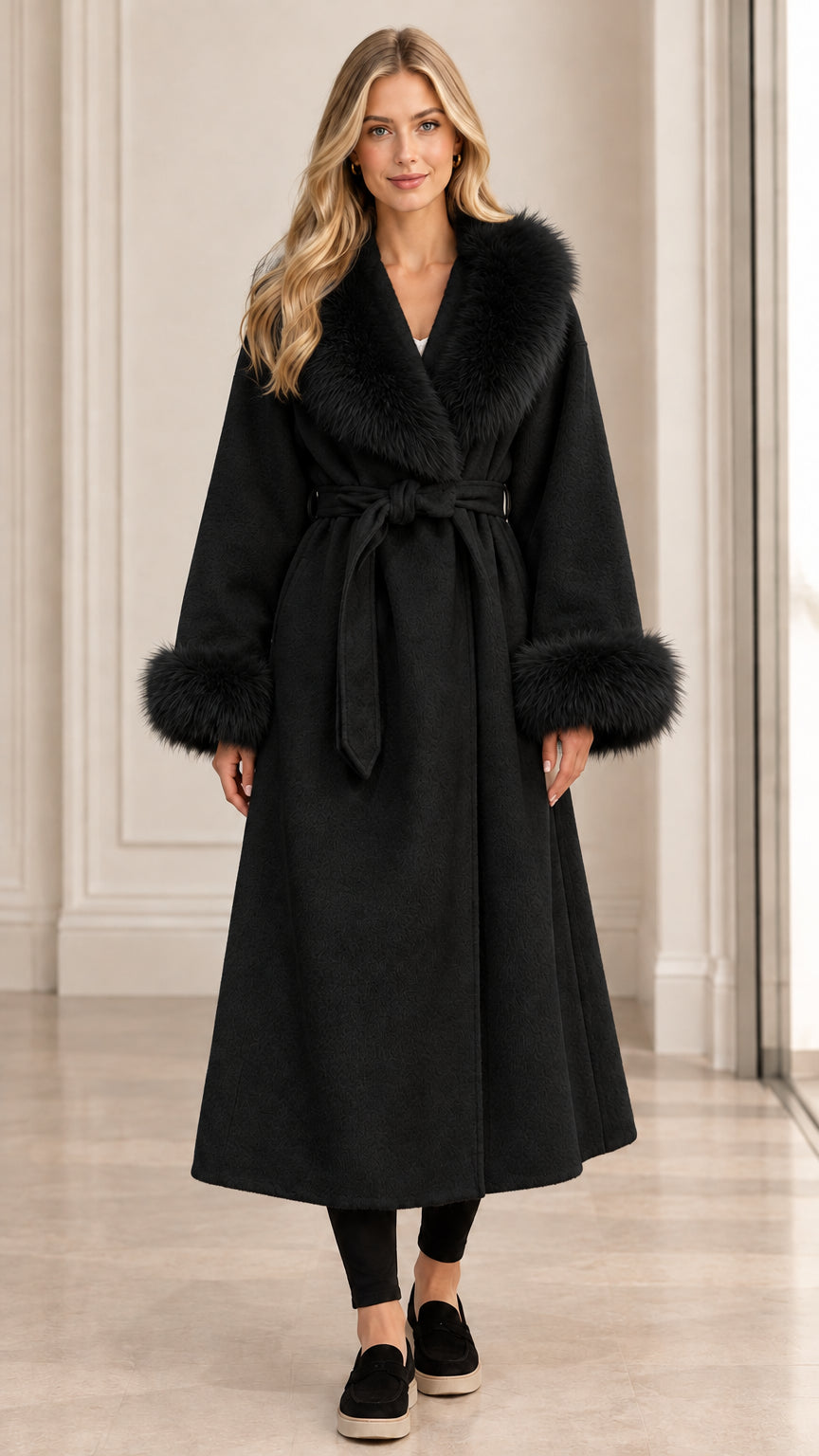 Front view of women's black belted long wrap coat with matching faux fur collar and cuffs