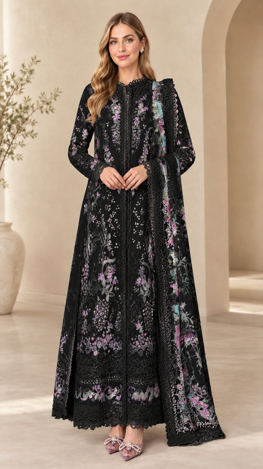 Black embroidered floral eyelet lace maxi dress with matching scarf