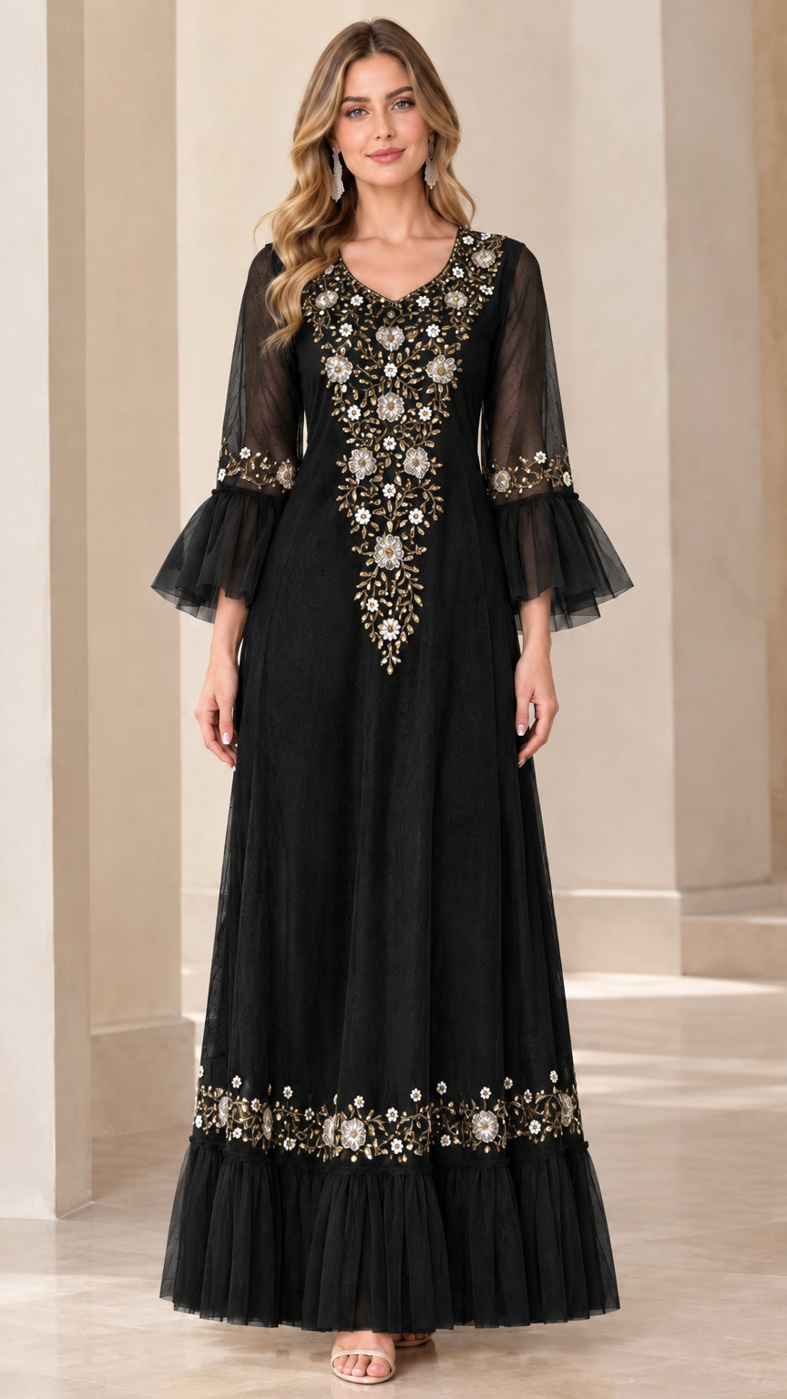 Black floral embroidered long evening dress with ruffle bell sleeves