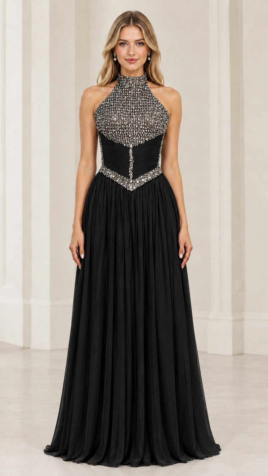 Front view of classic black rhinestone halter neck formal evening gown