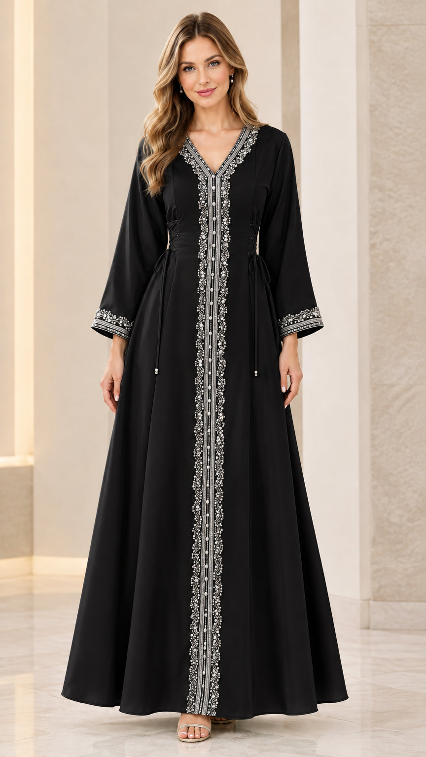 Black embellished V-neck maxi kaftan dress front view
