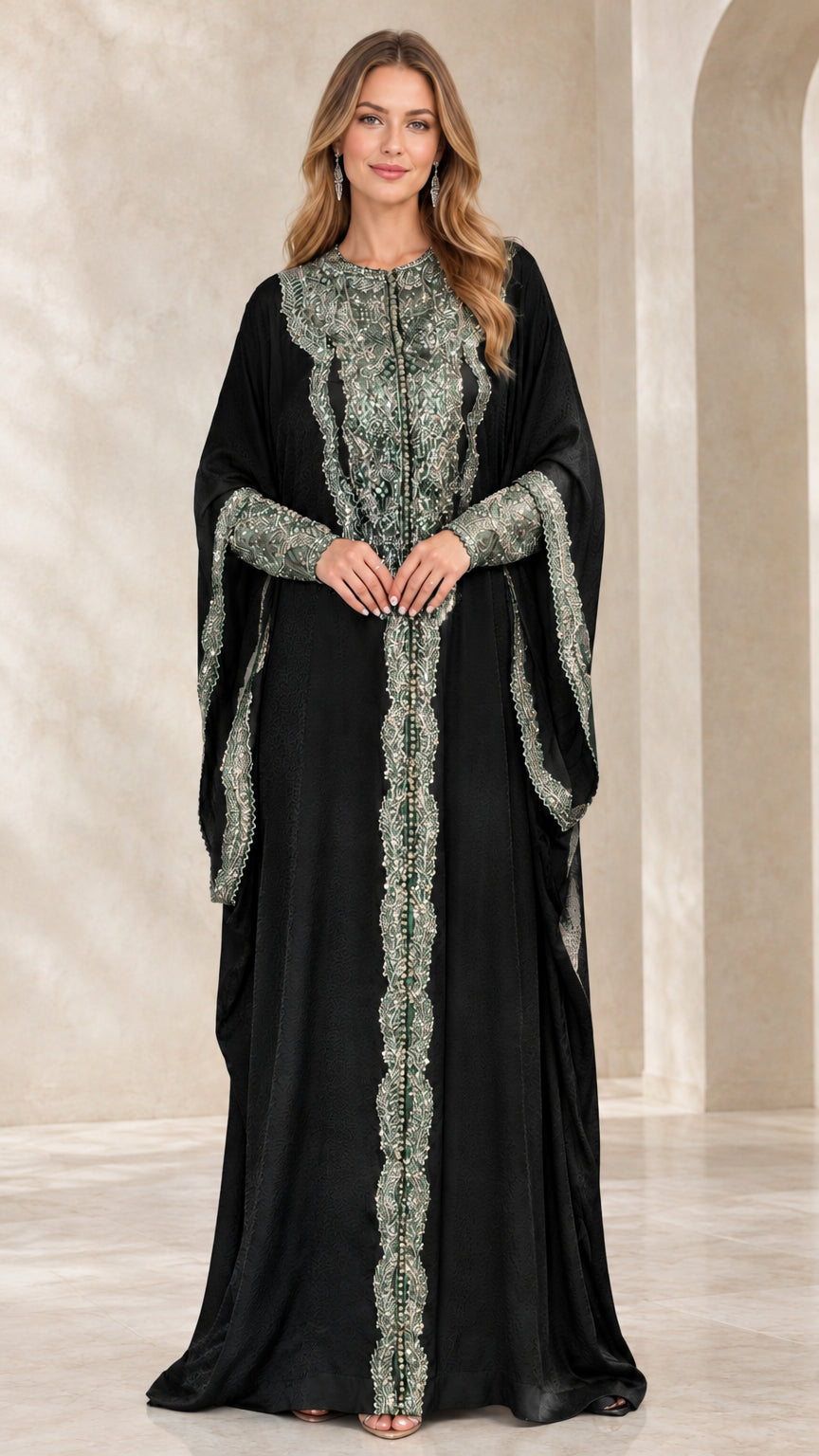 Front view of black kaftan maxi dress with silver embroidered embellishments