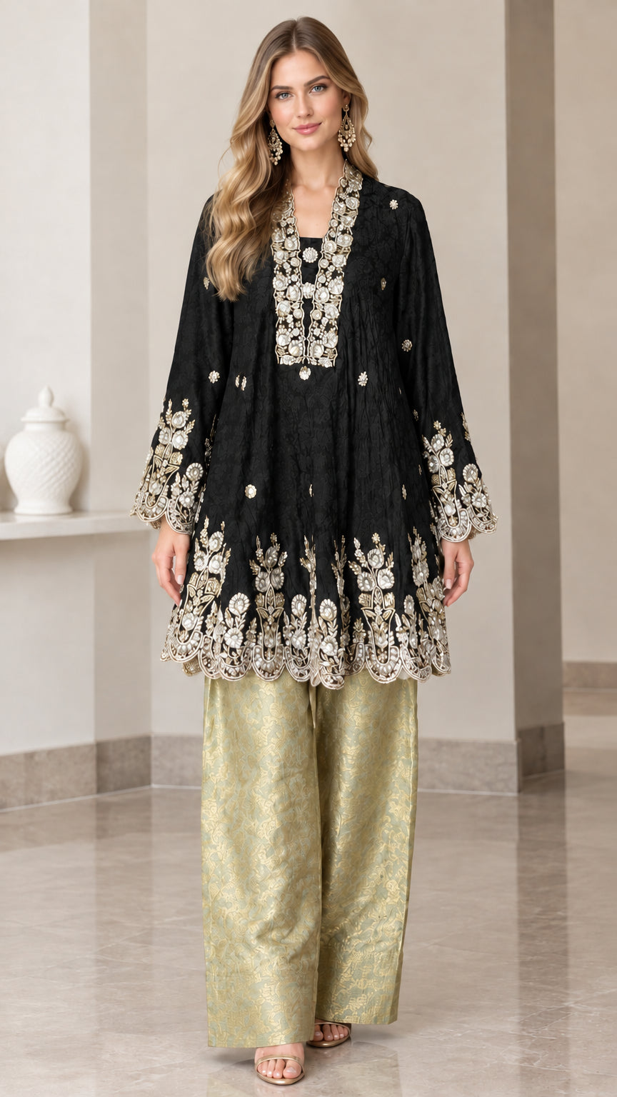 Model wearing black embroidered flared tunic top