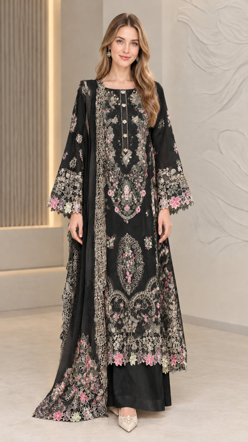 Black embroidered 3-piece tunic suit set with pink floral lace accents