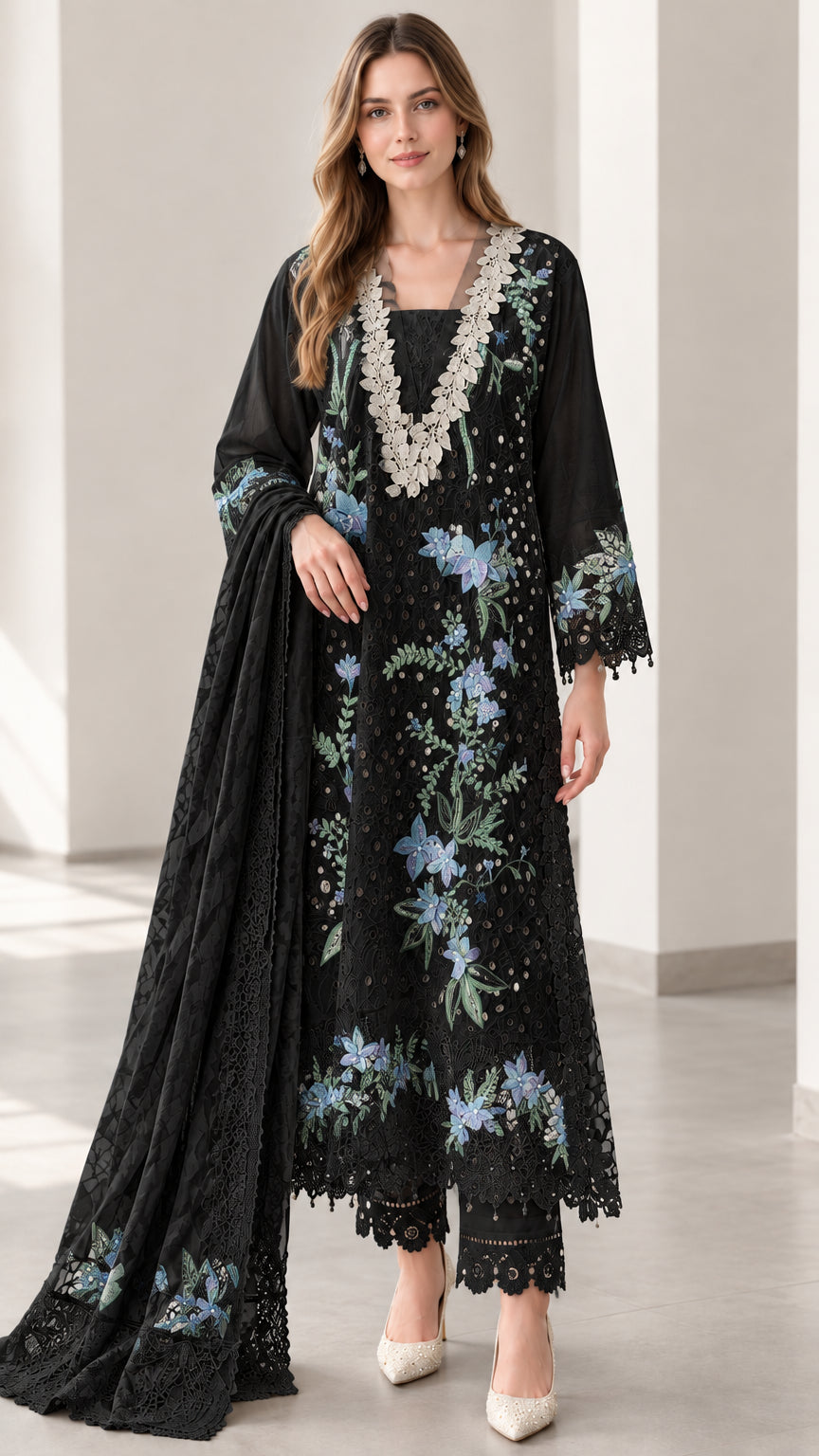 Front view of black embroidered 3-piece tunic pant set with matching shawl