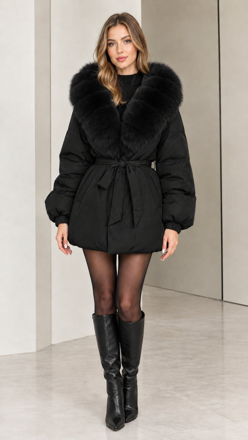Front view of woman wearing black belted hooded puffer coat with faux fur trim