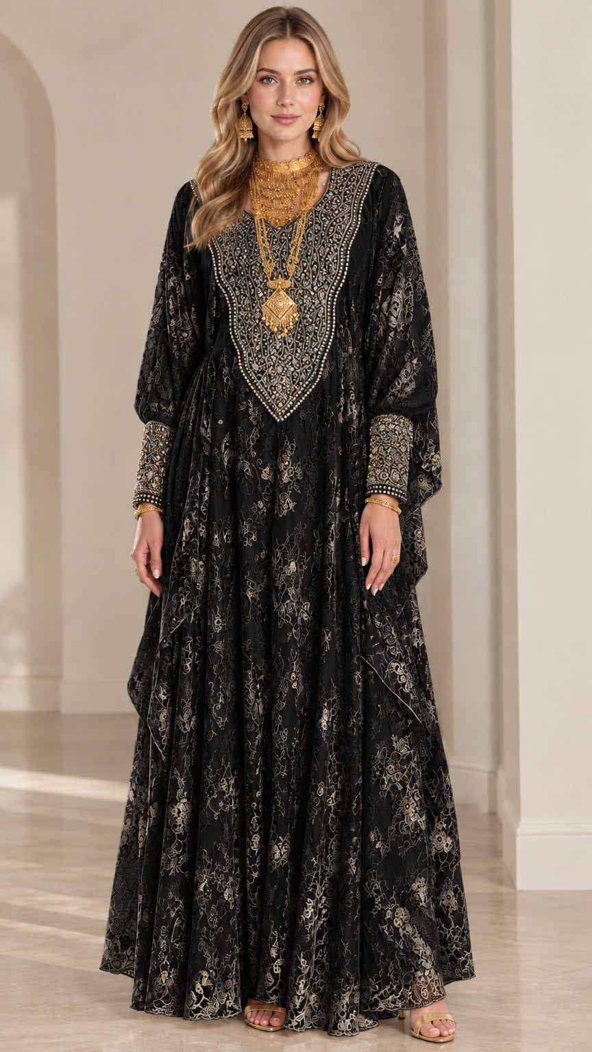 Front view of black embroidered lace kaftan maxi dress