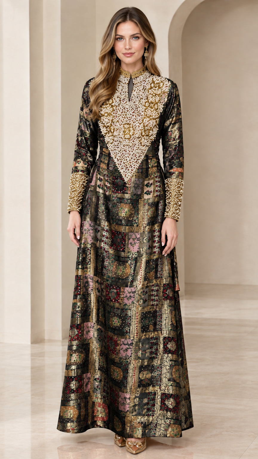 Black gold embroidered jacquard long sleeve maxi dress