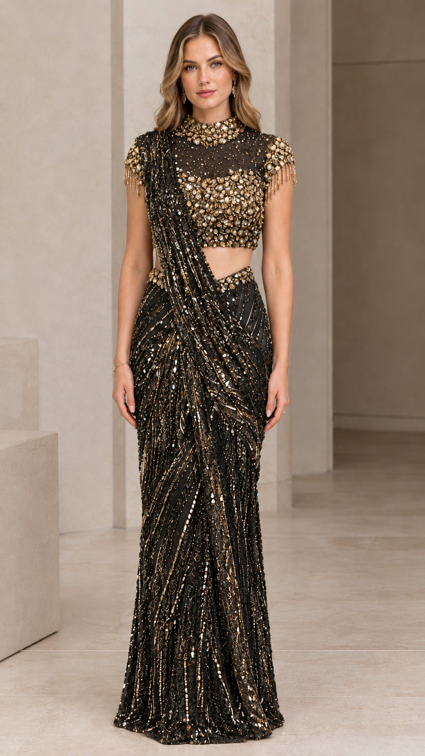 Black embellished pre-draped saree gown set with sparkling sequin drape