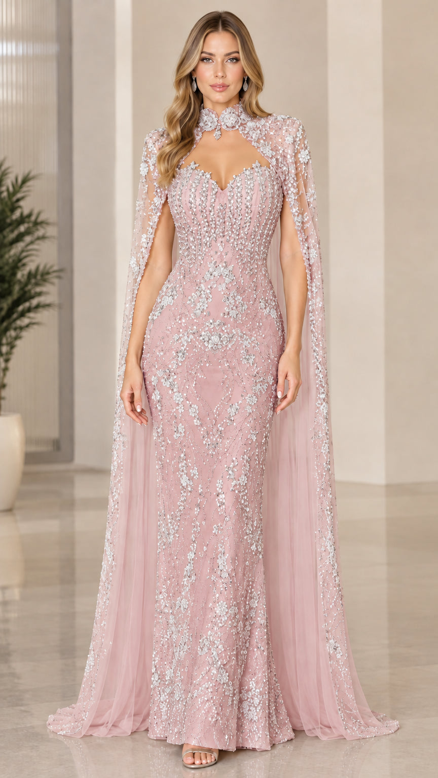 Blush pink embellished formal evening gown with keyhole cape
