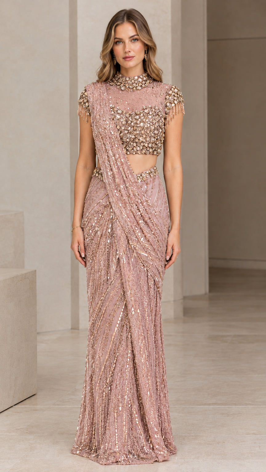 Dusty Rose beaded crop top and draped sequin formal maxi gown set