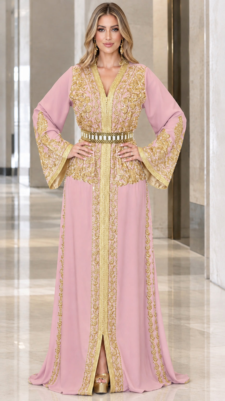 Front view of dusty pink Moroccan kaftan evening dress with gold detailing