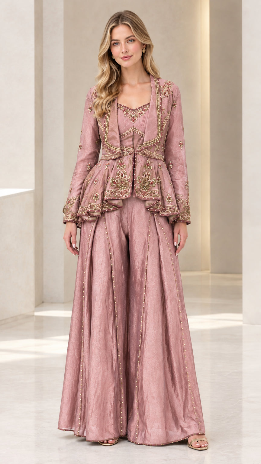 Front full-length view of woman wearing dusty rose pink embroidered peplum pant set