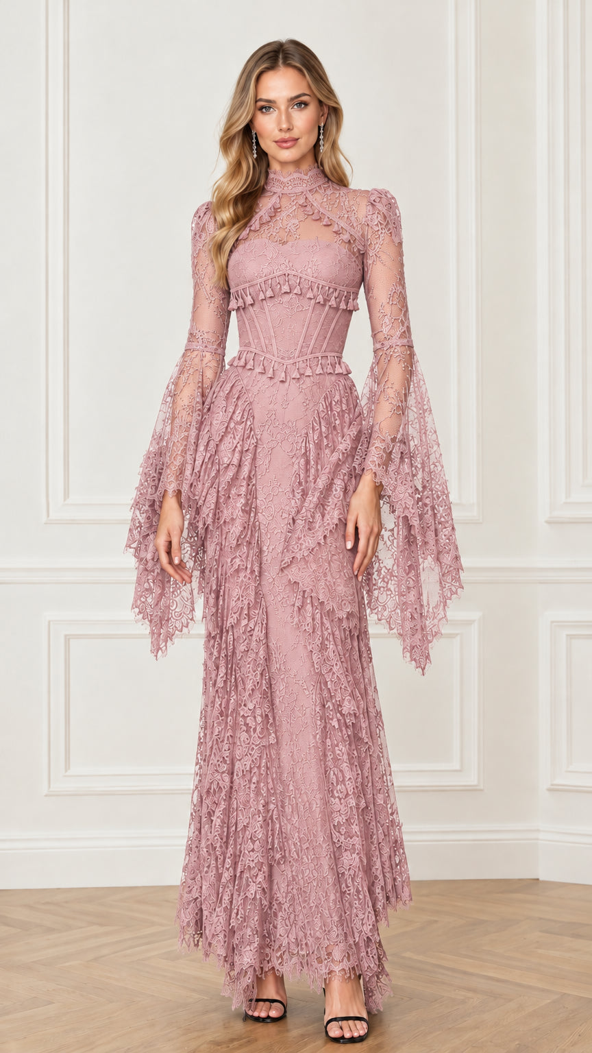 Front full-length view of the dusty pink lace corset maxi dress