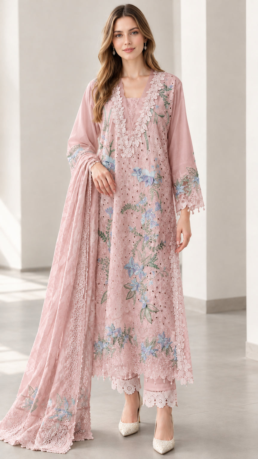 Front view of dusty pink floral embroidered 3-piece suit set with shawl